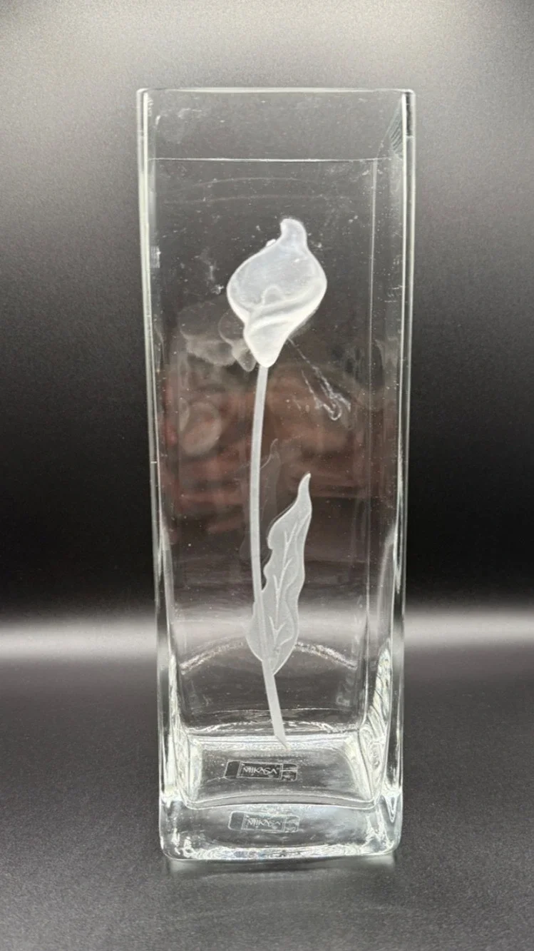 🌿 Mikasa Etched Glass Vase Square Column Floral Design 11.75” Tall